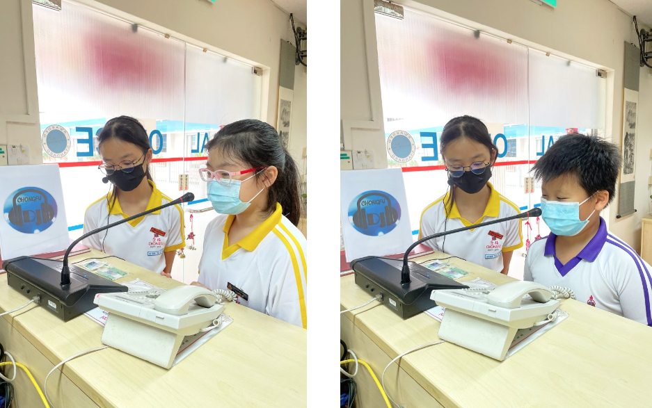Two masked children sit at a desk with a microphone and phone in two side-by-side classroom photos.